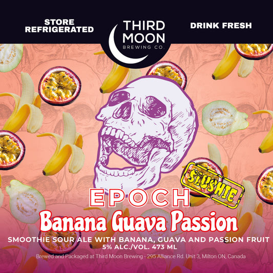 Third Moon Brewing Co. beer label for 'Epoch Banana Guava Passion' with a skull design on a pink background.
